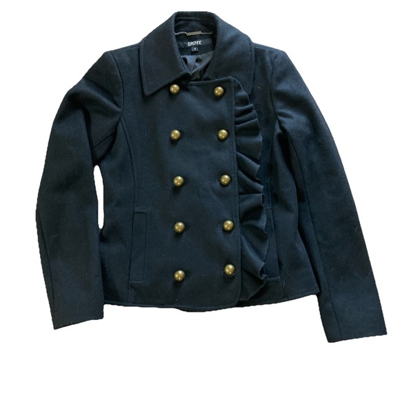 Dkny Jackets & Blazers - DKNY Wool Blend Pea Coat Sz 4 Black Ruffle Whimsy Goth Stadium Jacket Military‎